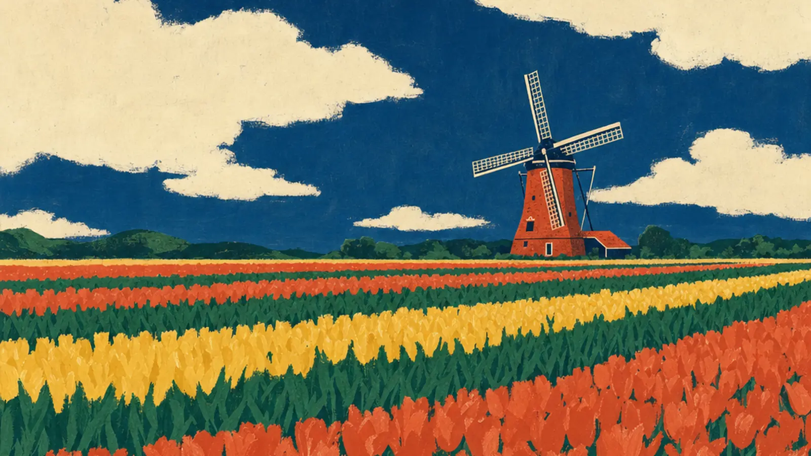 Cartaz do guia: faixas de campo de flor até o horizonte, com um moinho pequeno ao longe